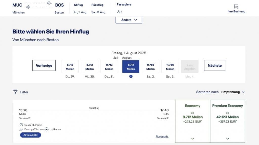 Award Flight Highlight als Economy Tarif