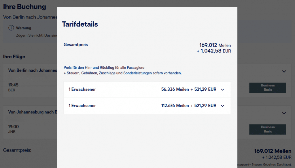 Award Flight Companion BER JNB Business