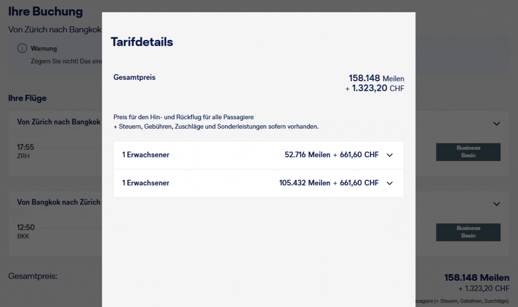 Award Flight Companion ZRH BKK Business