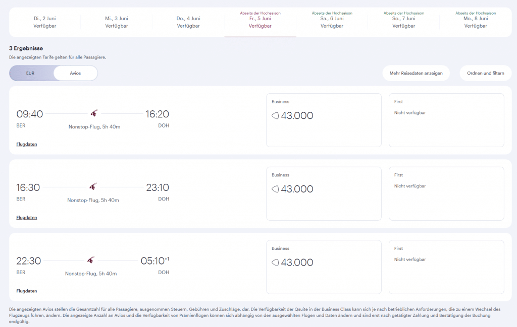 Qatar Award Flight Finder Results Departure Date
