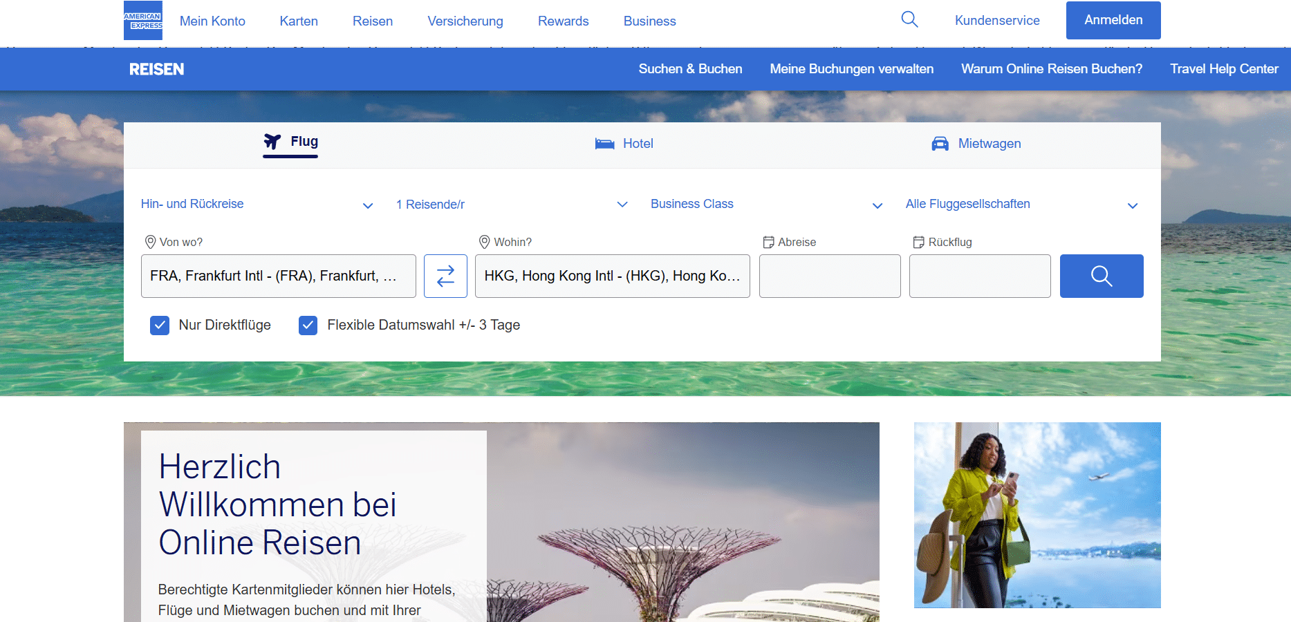 American Express Landing Page Reisen Travel Flug