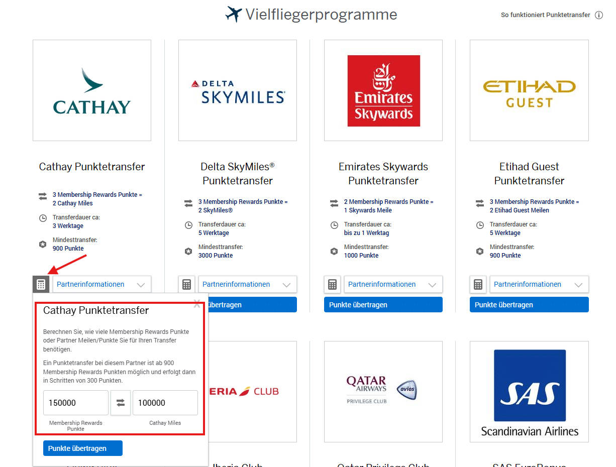 Amex Portal Membership Rewards Airline Punktetransfer Rechner
