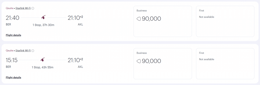 Award Flight BER AKL Business Class Qatar Airways Privilege Club