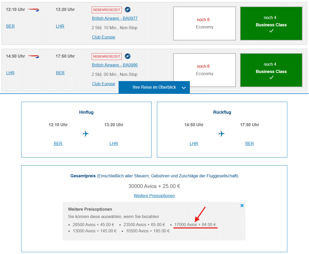 BA Award Flight BER LHR Business Class British Airways Reward Flight Saver
