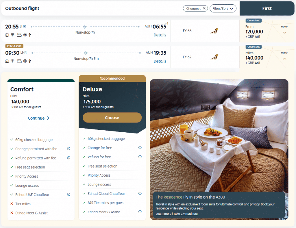 Etihad Guest Award LHR AUH First Class The Residence A380 Picture
