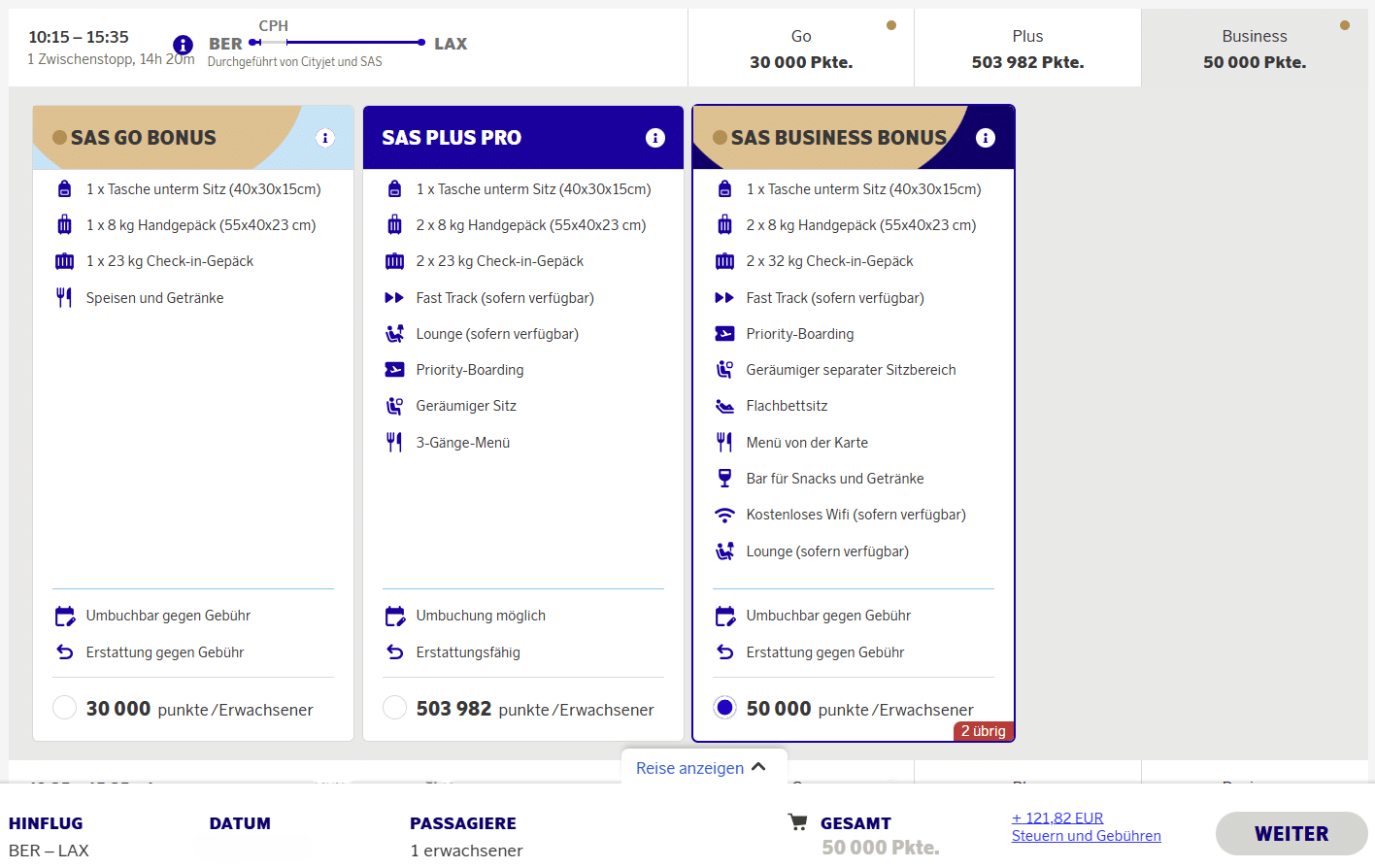 EuroBonus Award Flight BER LAX Business SAS
