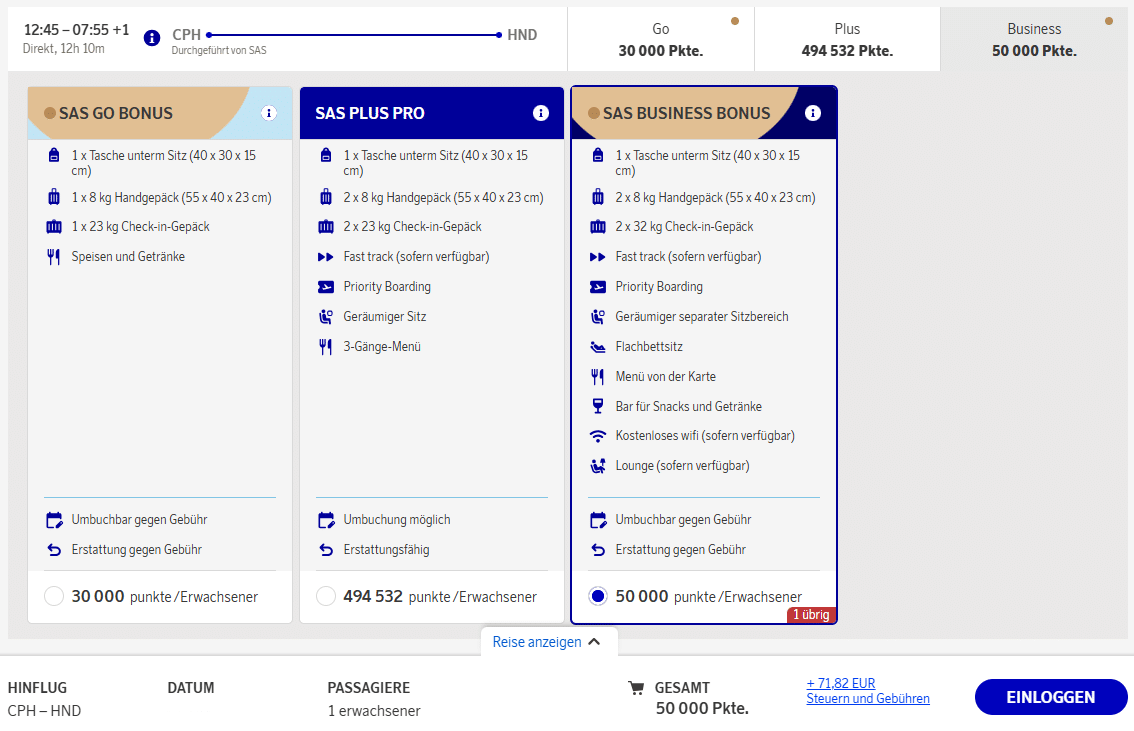 EuroBonus Award Flight CPH HND Business SAS Clean