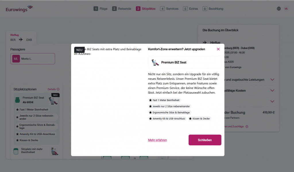 Eurowings Premium BIZ Seat Info