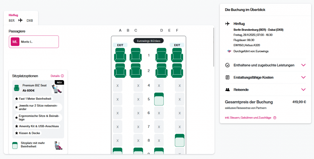 Eurowings Premium BIZ Seat Map