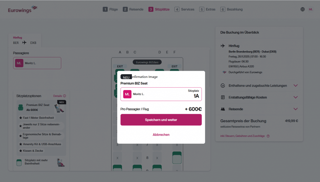 Eurowings Premium BIZ Seat Price