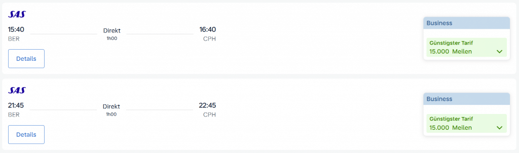 FB Award Flight BER CPH Business Class SAS