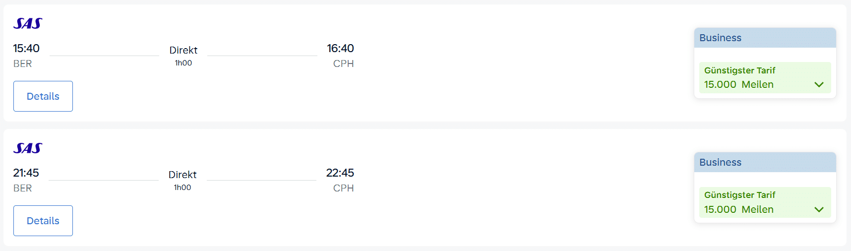 FB Award Flight BER CPH Business Class SAS