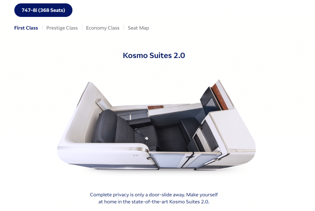 First Class Korean Air Kosmo Suites 2.0 747 8i