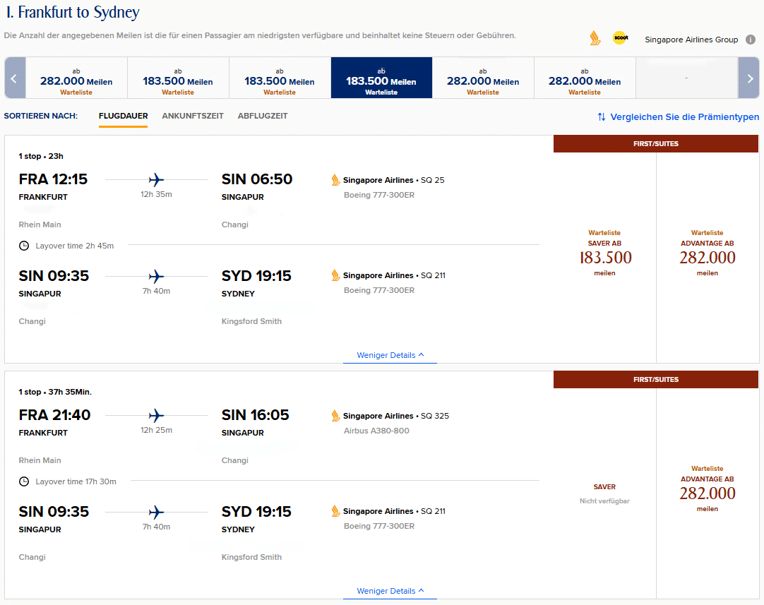 KrisFlyer Award Search FRA SYD First Class Singpore Airlines