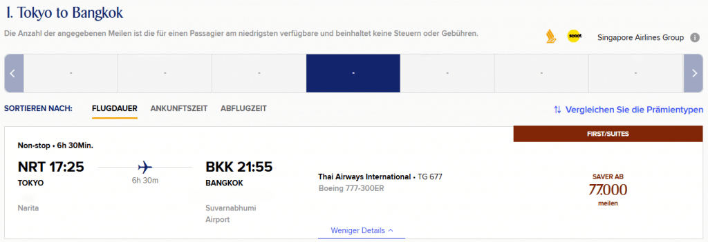 KrisFlyer Award Search NRT BKK First Class Thai Airways Clean