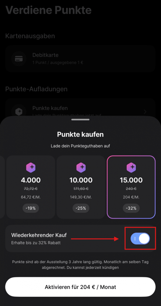 RevPoints Kaufen Wiederkehrender Kauf Markiert