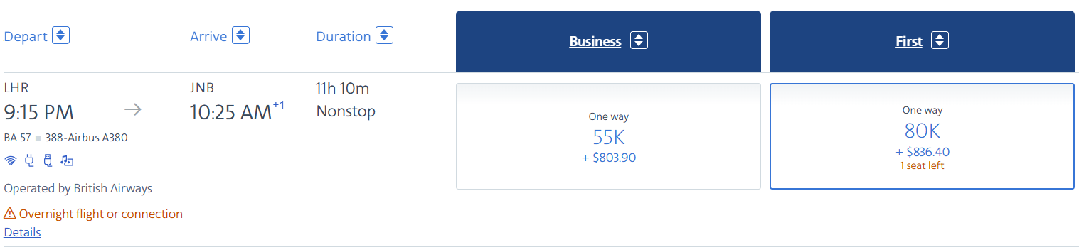 AA Club Award Flight LHR JNB First Class British Airways