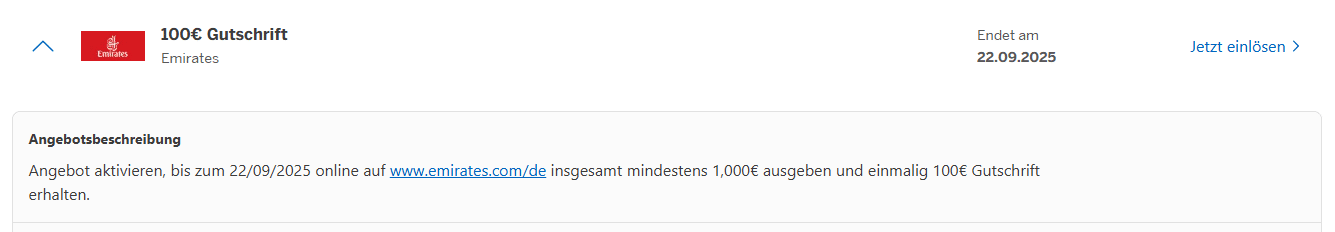 Amex Offer Emirates September 2025 100 Euro Gutschrift