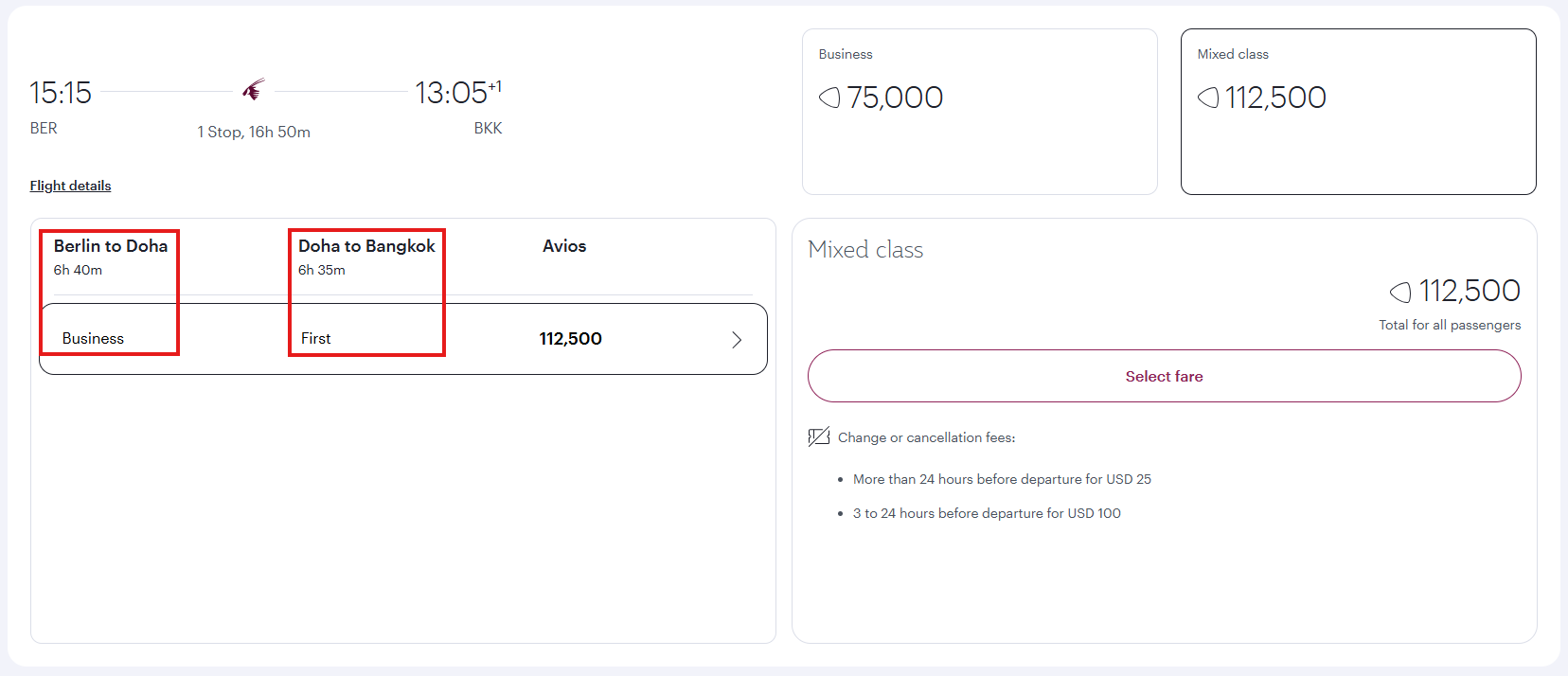 Award Flight BER DOH BKK First Class Mixed Qatar Club
