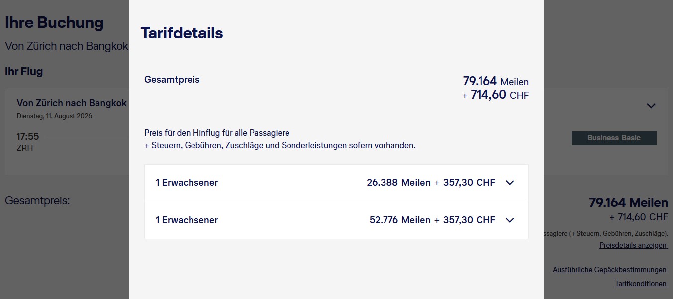 Award Flight Swiss ZRH BKK Business Class Miles More Companion