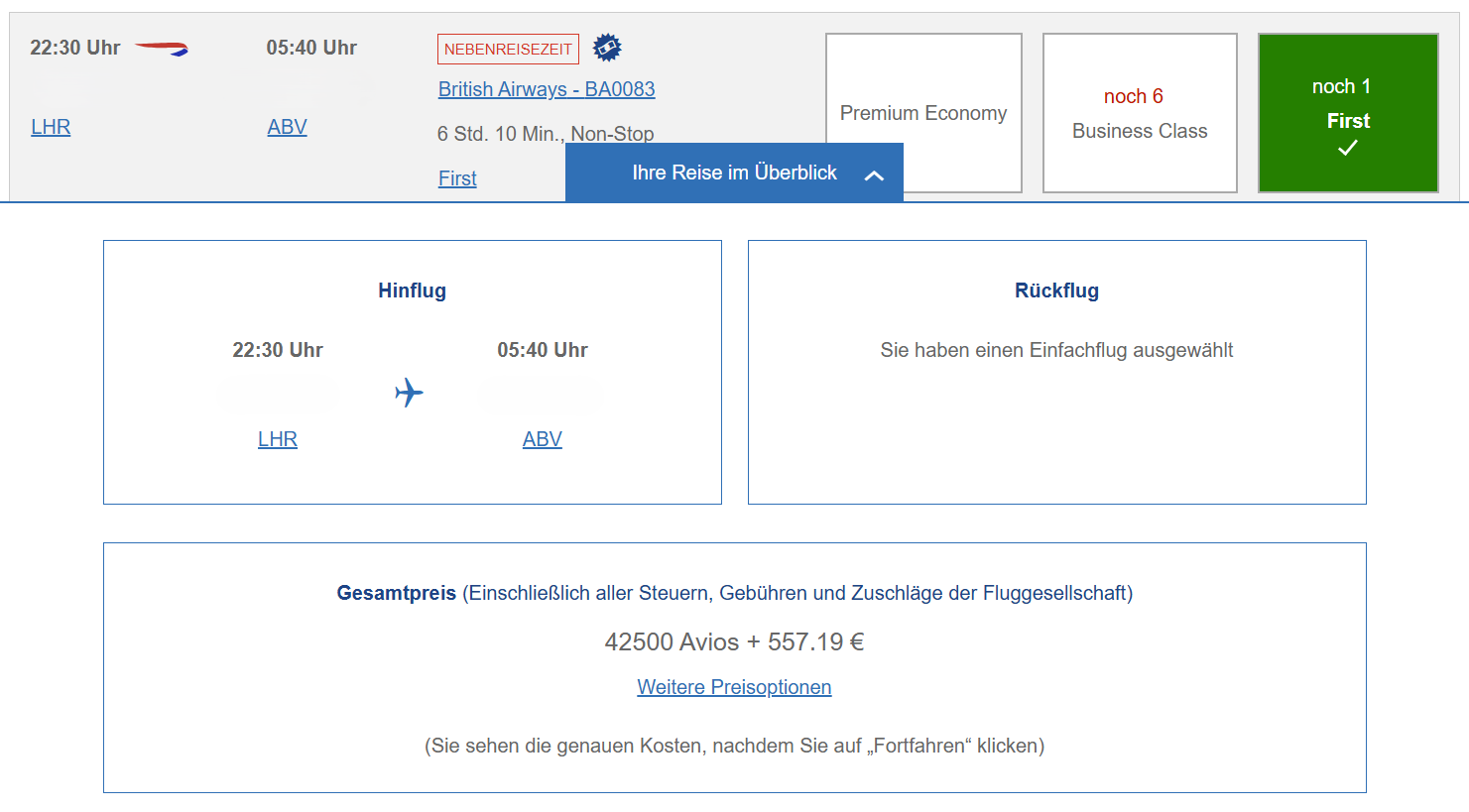 British Airways First Class Avios London Abuja