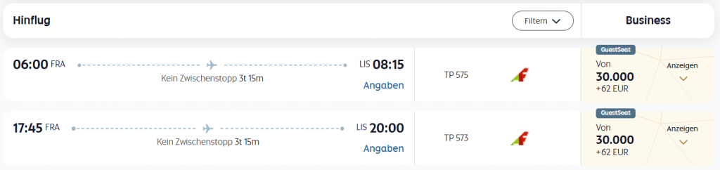 Etihad Guest Award Flight FRA LIS Business Class TAP Air Portugal