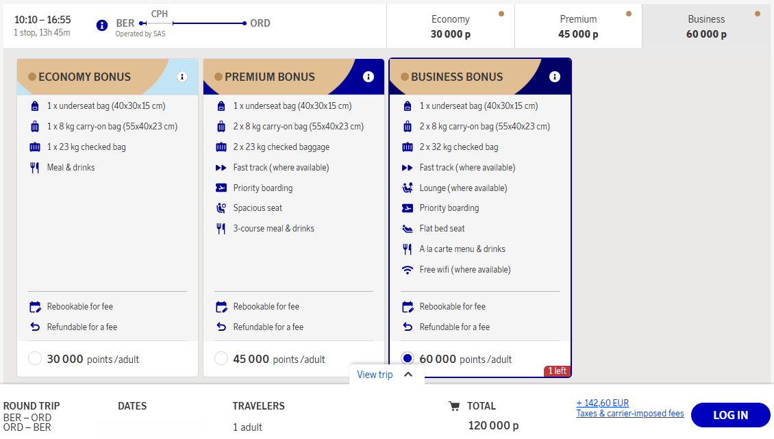 EuroBonus Award Flight BER ORD BER Business Class SAS Update Return Clean