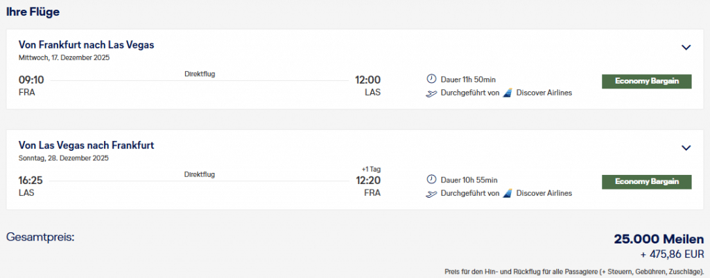 M&M MS Award Flight FRA LAS Economy Class Discover Airlines