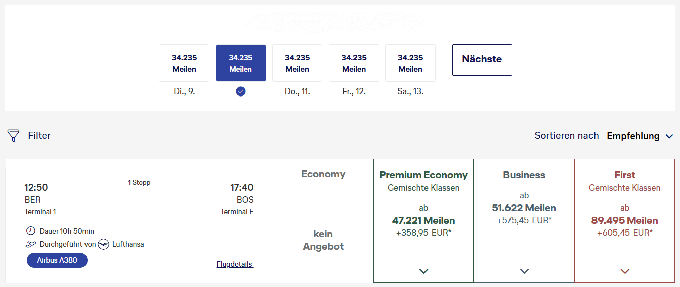 Miles More Award Flight BER BOS Suche Kurzfristig
