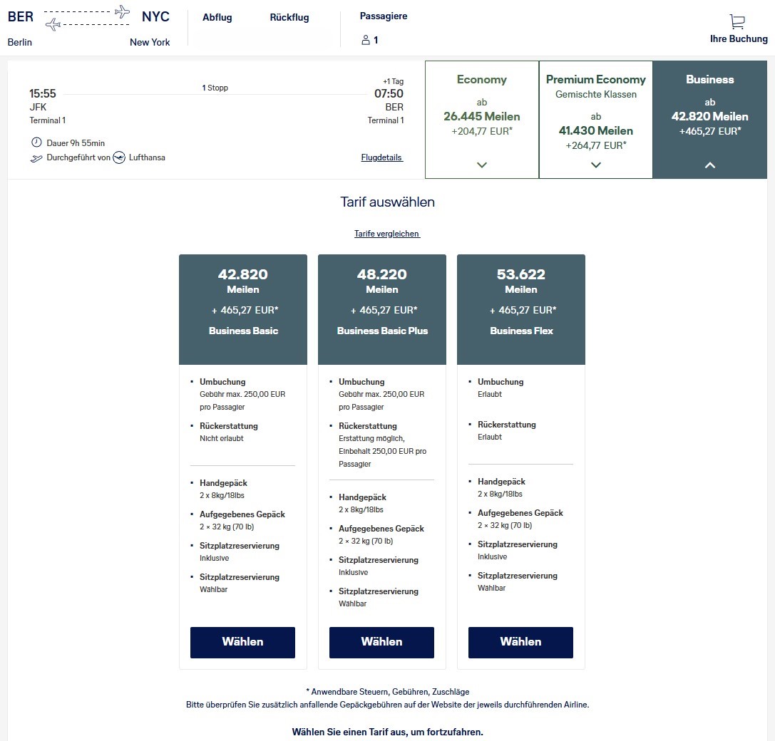 Miles More Award Flight BER JFK Business Class Tarifauswahl Return