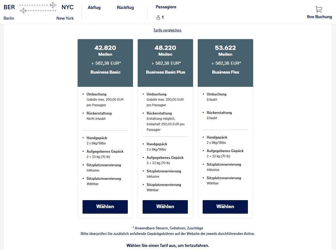 Miles More Award Flight BER JFK Business Class Tarifauswahl