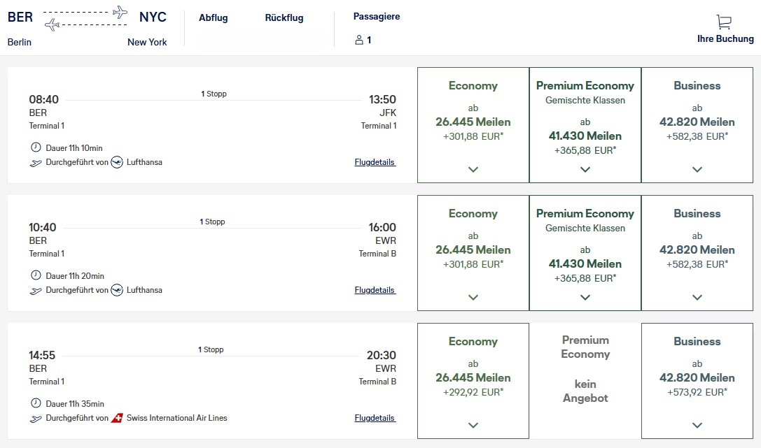 Miles More Award Flight BER JFK Business Class