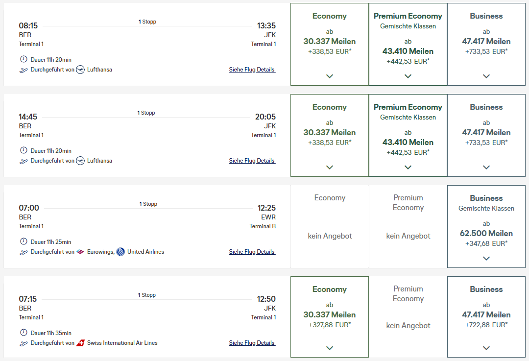 Miles More Award Flight BER NYC Business Class Beispiel