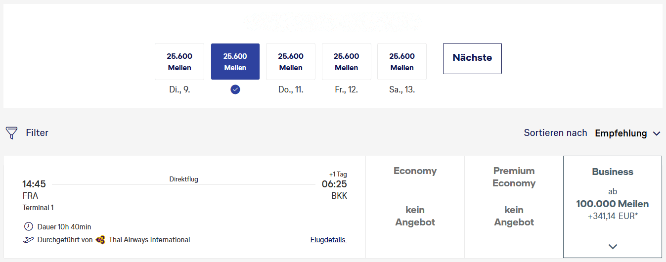 Miles More Award Flight FRA BKK Kurzfristig Thai Airways