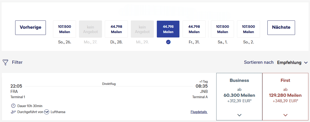 Miles More Award Flight FRA JNB Suche Im Vorraus First Class Clean