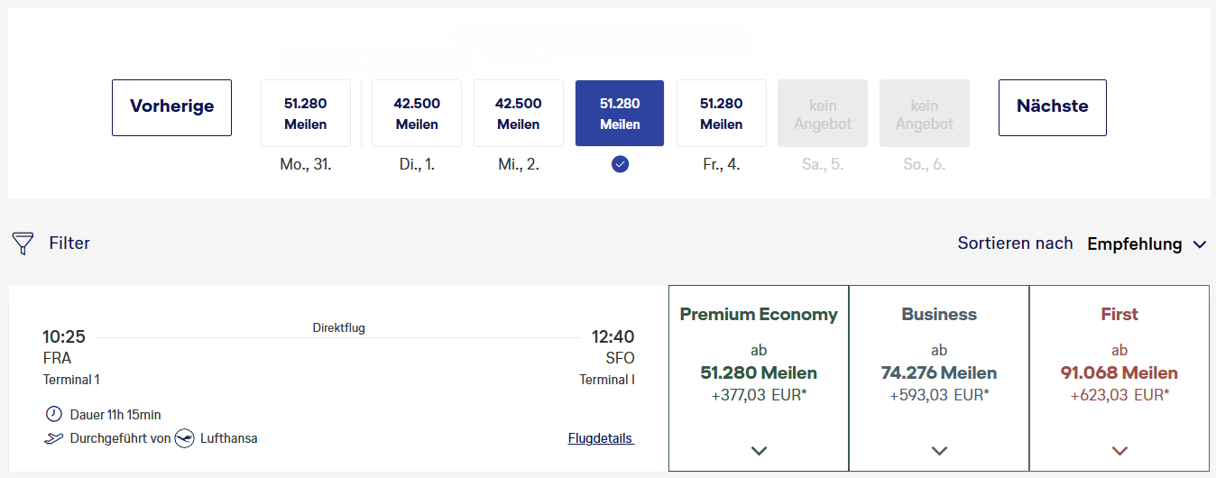 Miles More Award Flight FRA SFO Suche Im Vorraus First Class
