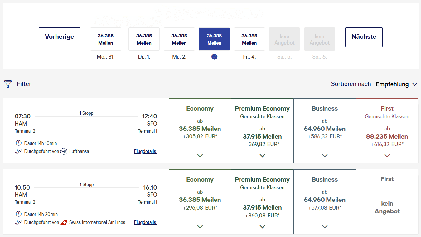 Miles More Award Flight HAM SFO Suche Im Vorraus