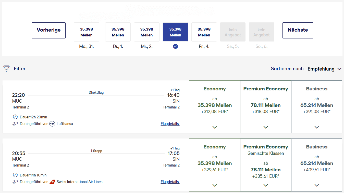 Miles More Award Flight MUC SIN Suche Im Vorraus