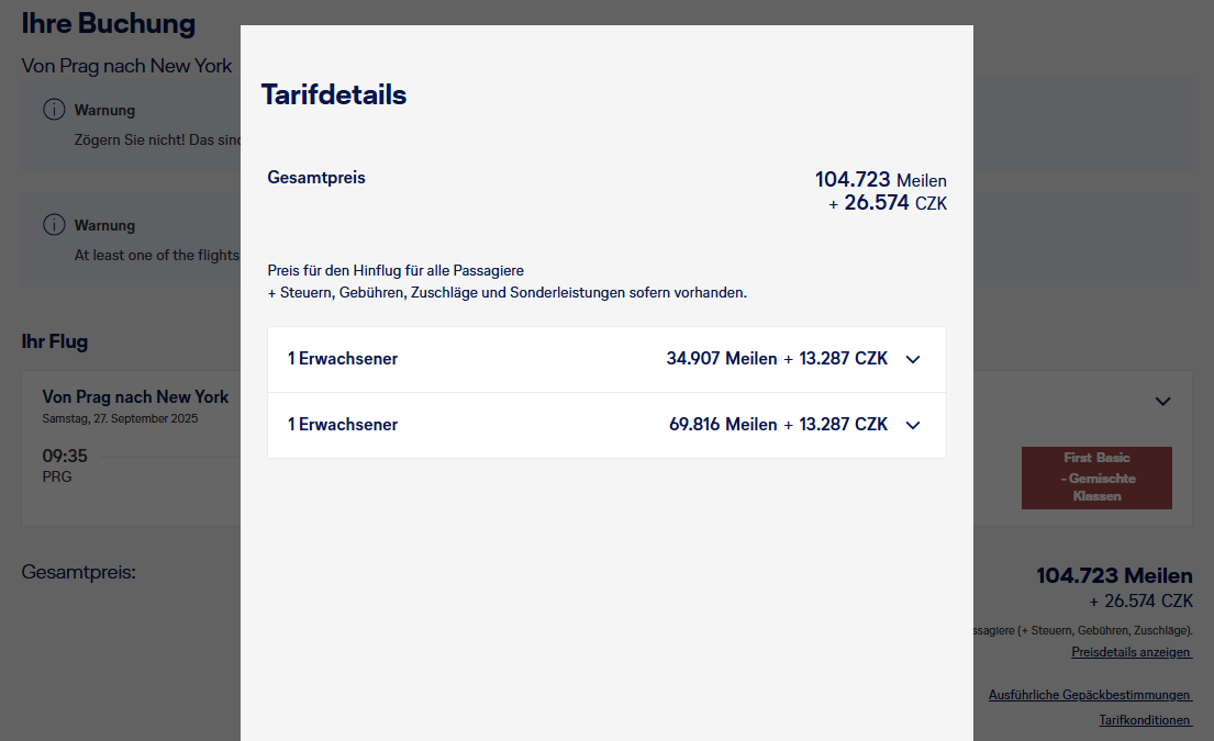 Miles More Award Flight PRG JFK First Class Lufthansa Companion