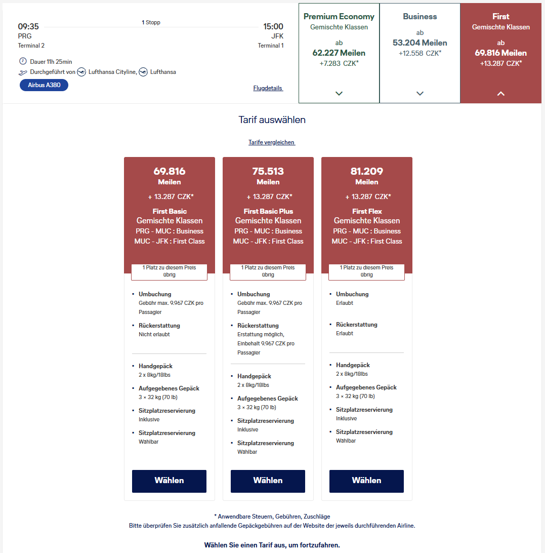Miles More Award Flight PRG JFK First Class Lufthansa Tarife