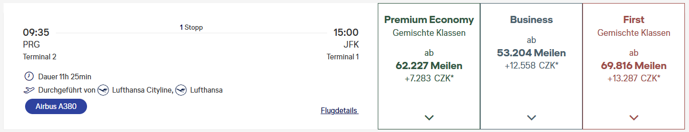 Miles More Award Flight PRG JFK First Class Lufthansa