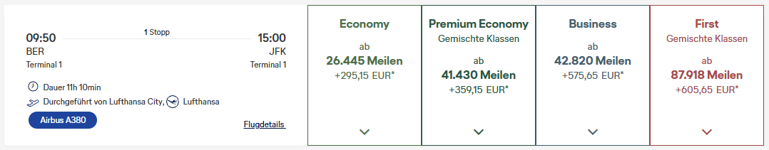 Miles More Award Flight Kurzfristig First Business Class