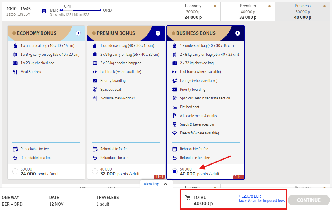 SAS Award Flight BER CPH ORD Business Class Sale Sep 2025