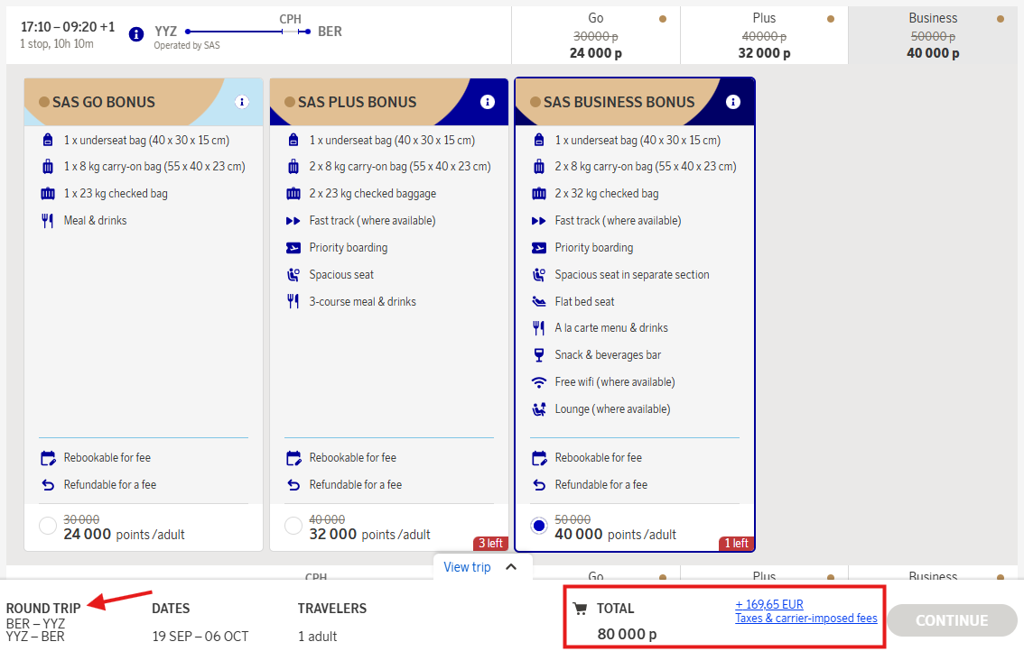 SAS Award Flight BER CPH YYZ Return Business Class Sale Sep 2025