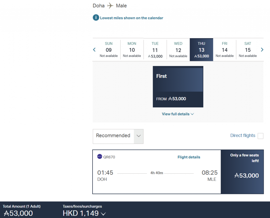 Asia Miles Award Flight Doha Male First Class 2025