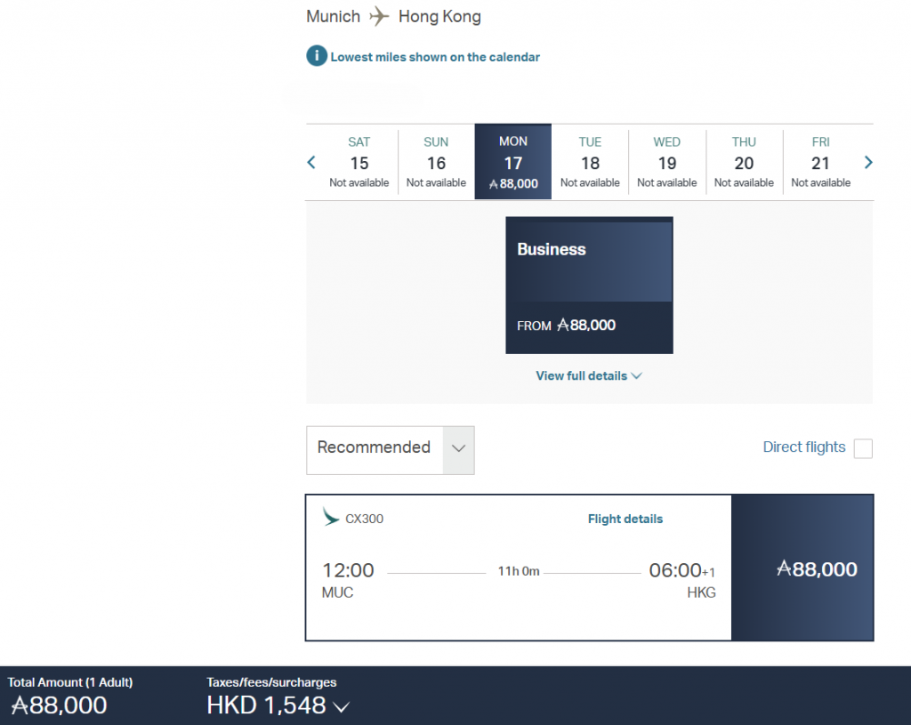 Asia Miles Award Flight MUC HKG Business Class Cathay 2025