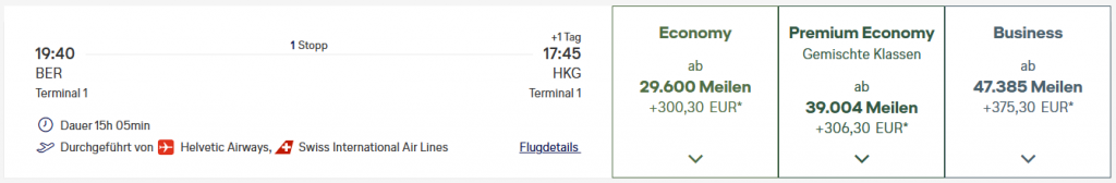 Award Flight BER HKG Business Class Miles More SWISS