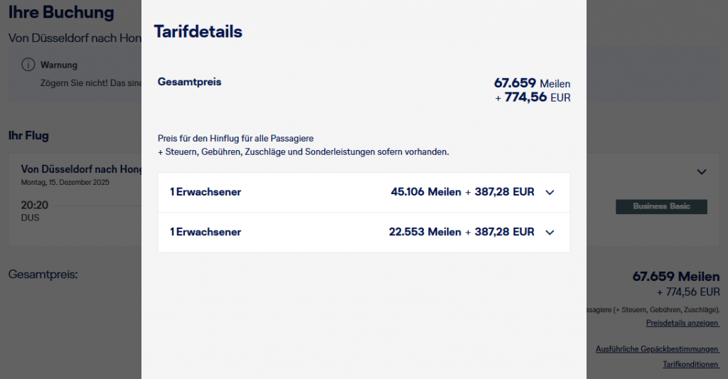Award Flight DUS HKG Business Class Miles More Companion