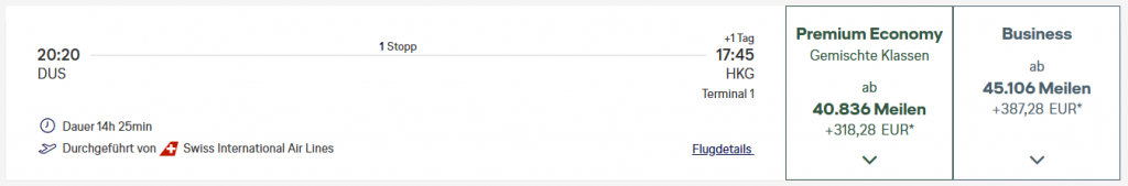 Award Flight DUS HKG Business Class Miles More SWISS