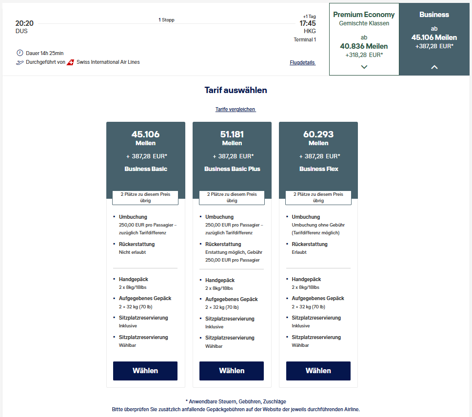 Award Flight DUS HKG Business Class Miles More Tarife